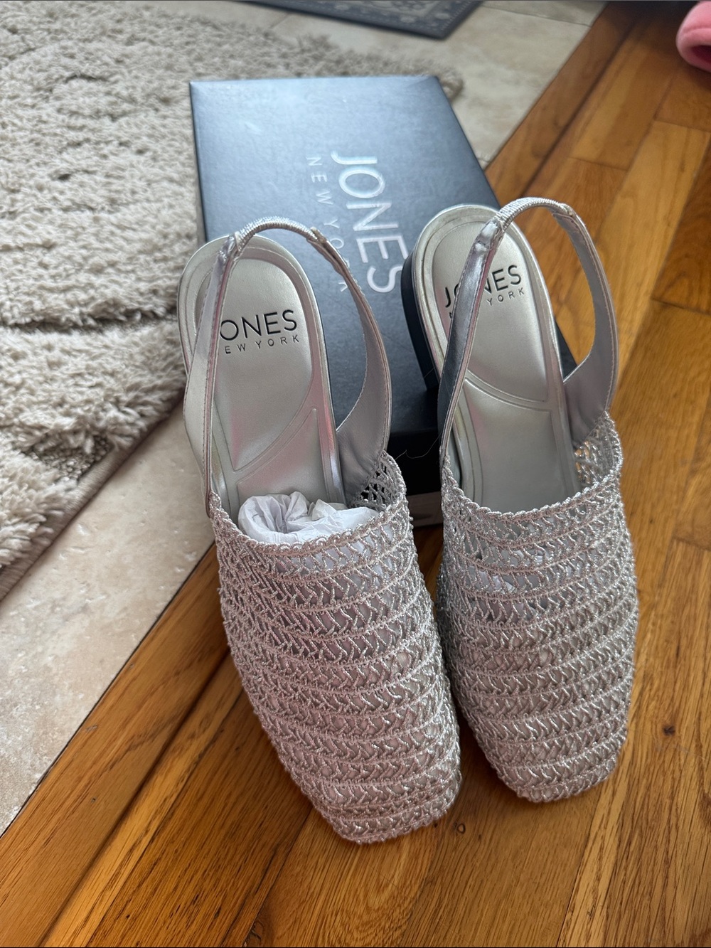 Jones New York Silver Woven Slingback Mules, Jny-Carolton Silver-S Wide, 9W, NIB